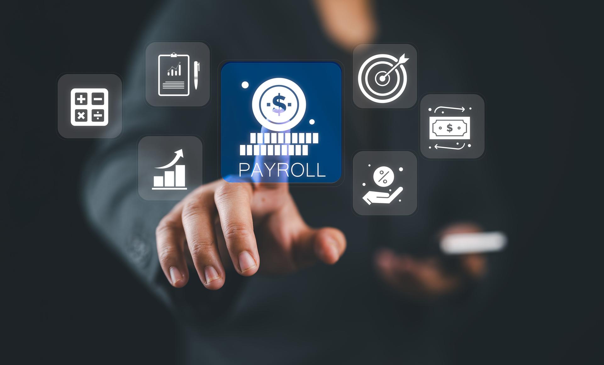Payroll business finance concept, Businessman touching virtual Payroll icon for report financial information and do payroll, Financial, accounting.