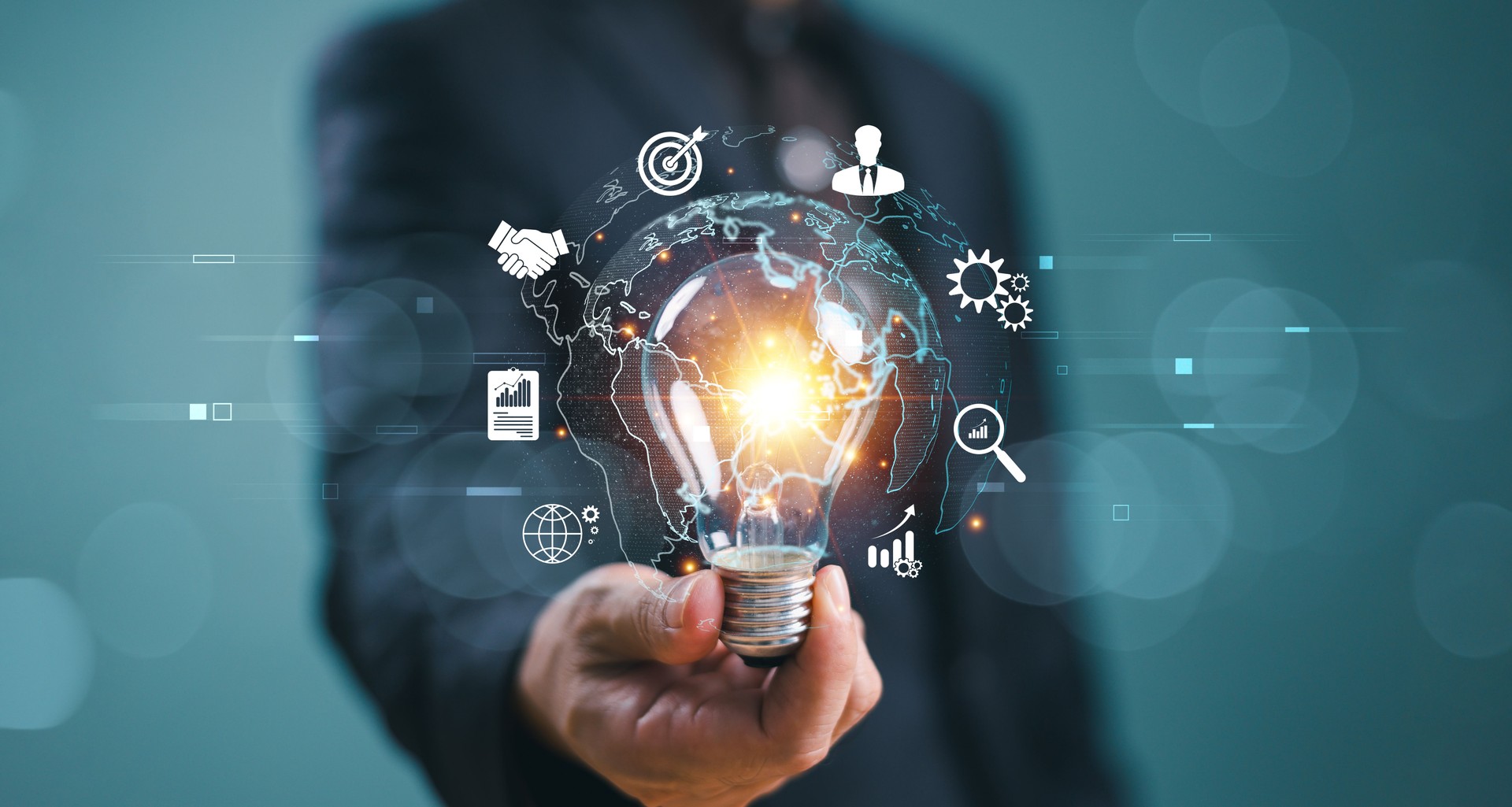 Market communication solution technology concept. Digital maketing idea, modern business company. Man show light bulb, global internet connection application. Financial banking, link tech big data