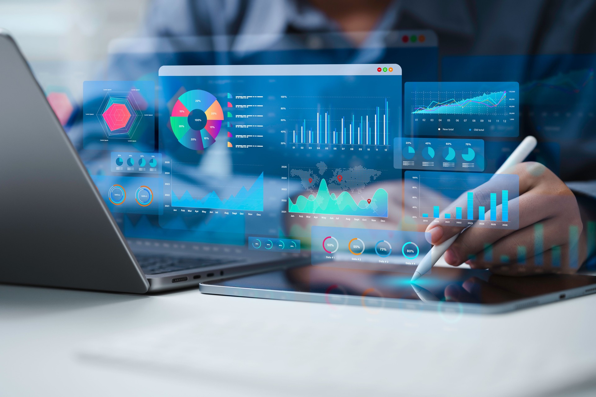 An Analyst uses a computer and dashboard for data business analysis and Data Management System with KPI to report. Database for technology finance, operations, sales, marketing and SEO