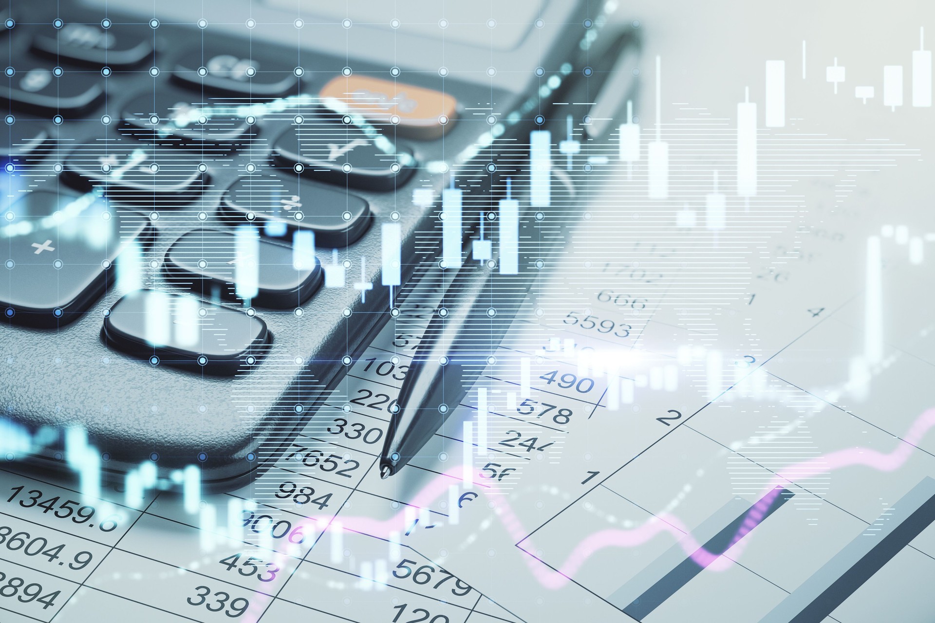 Financial accounting background with calculator, pen, and data charts.